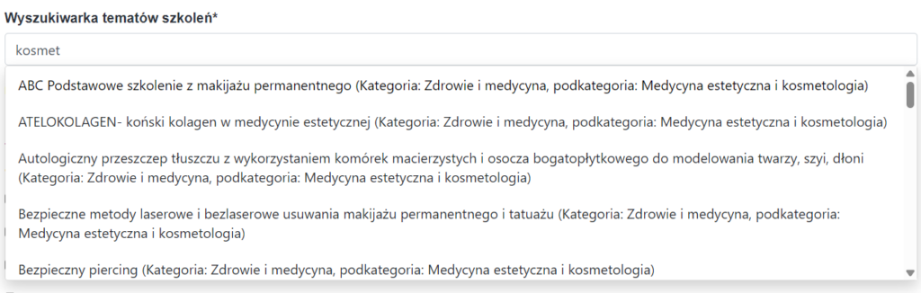 zrzut ekranu z panelu Twój Cel Rozwojowy, wyszukiwanie szkoleń kosmetycznych po słowie kosmet